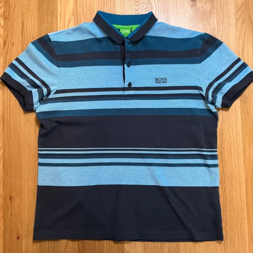 Hugo Boss Paddy‎ 2 Polo Shirt Medium Blue Stripe Pique Modern Fit Navy Teal Mens